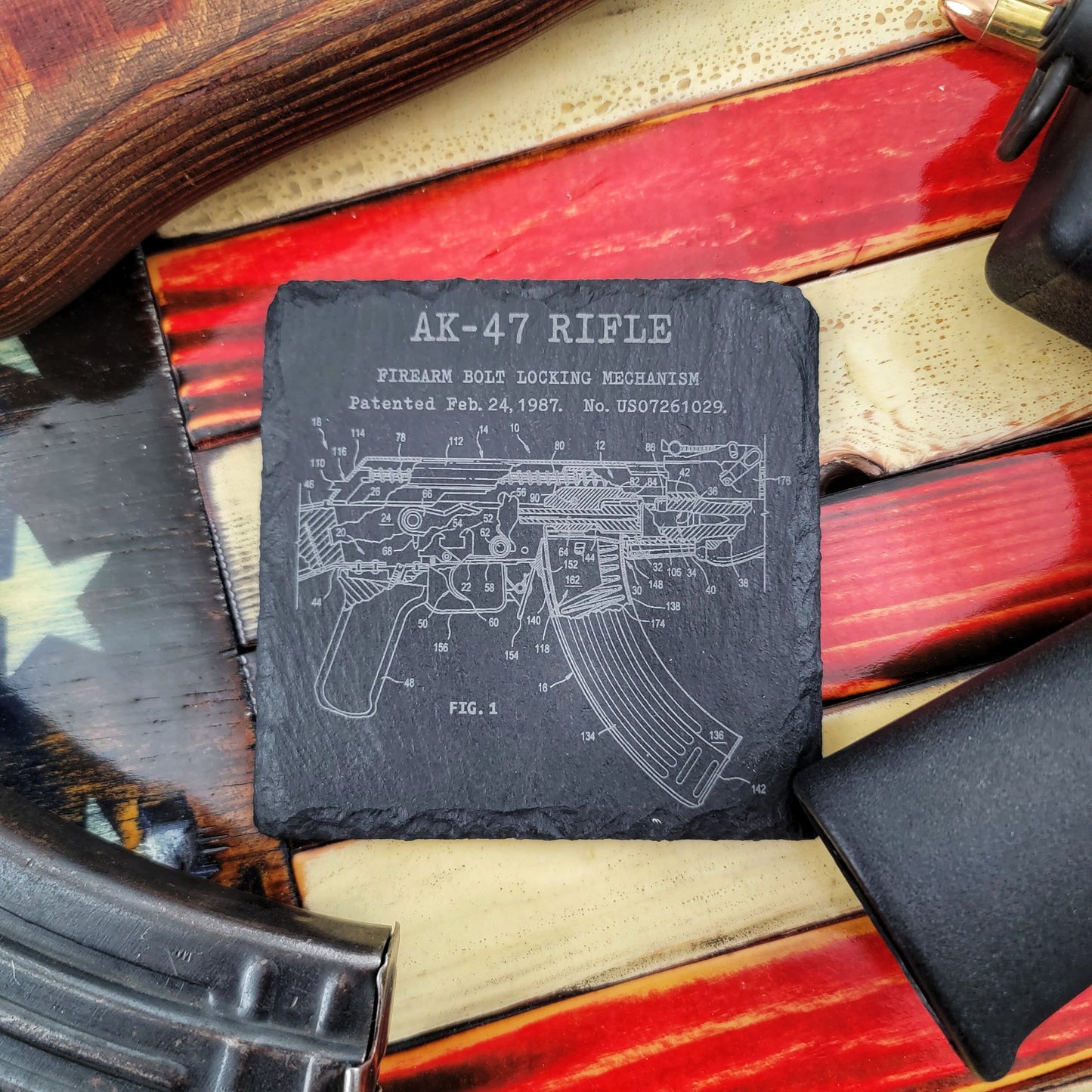 Modern Firearm Coasters, coaster set, technical drawings, patent drawings, gun coasters, gun stuff stocking stuffers, firearm gifts