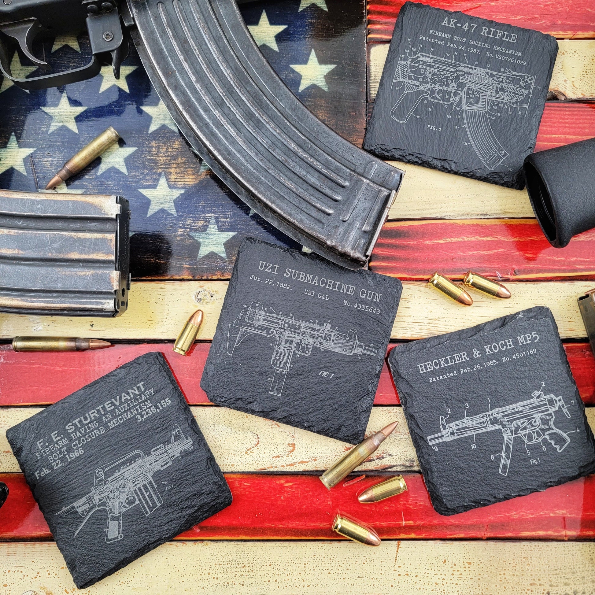 Modern Firearm Coasters, coaster set, technical drawings, patent drawings, gun coasters, gun stuff stocking stuffers, firearm gifts