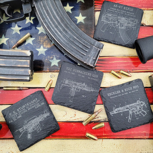 Modern Firearm Coasters, coaster set, technical drawings, patent drawings, gun coasters, gun stuff stocking stuffers, firearm gifts