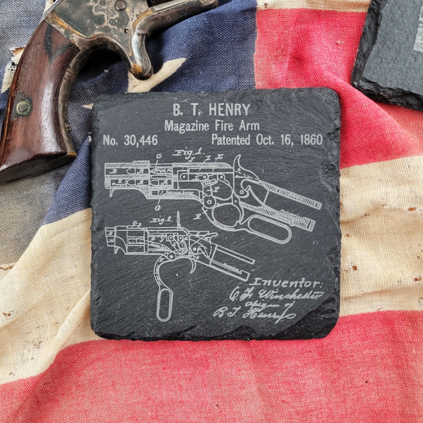 Vintage Firearm Coasters, coaster set, technical drawings, patent drawings, gun coasters, gun stuff stocking stuffers, firearm gifts