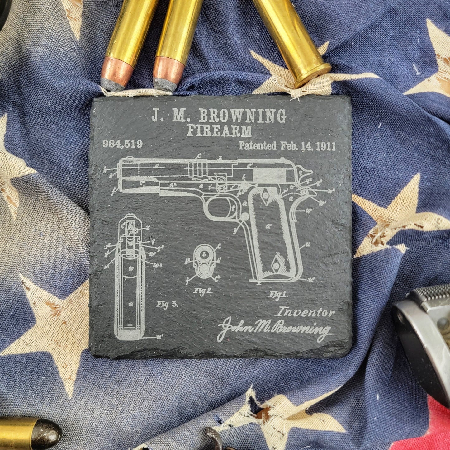 Vintage Firearm Coasters, coaster set, technical drawings, patent drawings, gun coasters, gun stuff stocking stuffers, firearm gifts