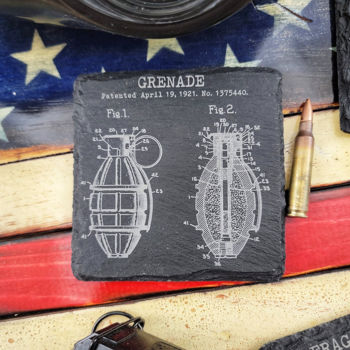 Grenade Coasters, coaster set, technical drawings, patent drawings, flash bang, gun coaster, gun stuff stocking stuffers, firearm gifts