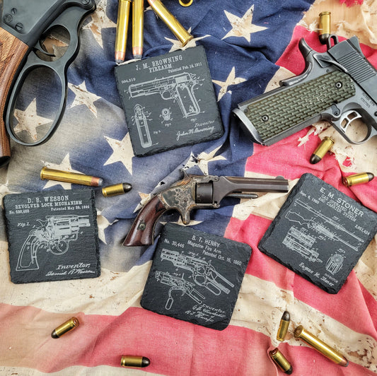 Vintage Firearm Coasters, coaster set, technical drawings, patent drawings,  gun coasters, gun stuff stocking stuffers, firearm gifts